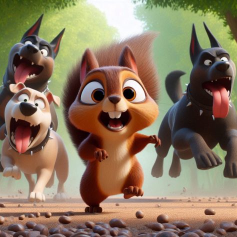 Pixar-style brown squirrel named Nutty being chased by 4 angry dogs through the park