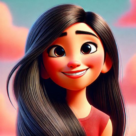 Pixar-style girl with long black hair and a happy smile, vibrant colors - Copy