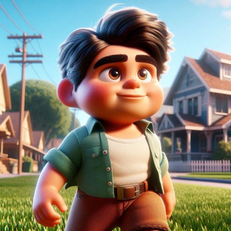 Pixar-style human boy with a husky body, Mexican look, chunky, brown skin color, vibrant cinematic colors, playful atmosphere, detailed expressions, whimsical elements, retro video game vibe, graphics that pop,